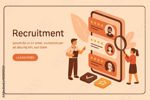 People Characters Choosing Best Candidate for Job. Hr Managers Searching New Employee. Recruitment Process. Human Resource Management and Hiring Concept. Flat Isometric Vector Illustration.