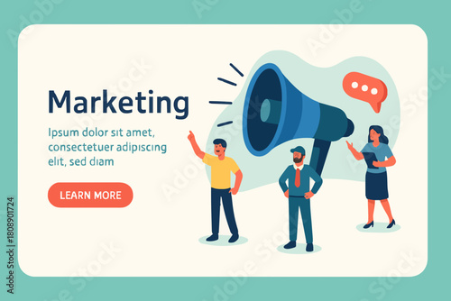 People use Big Loudspeaker to Communicate with Audience. PR Agency Team work on Social Media Promotion. Public Relation, Digital Marketing and Media Concept. Flat Isometric Vector Illustration.