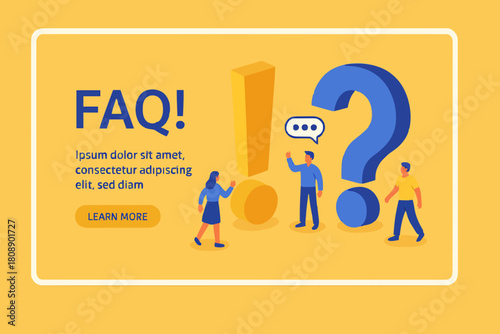People Characters Standing near Exclamations and Question Marks. Woman and Man Ask Questions and receive Answers. Online Support center. Frequently Asked Questions Concept. Flat Vector Illustration.