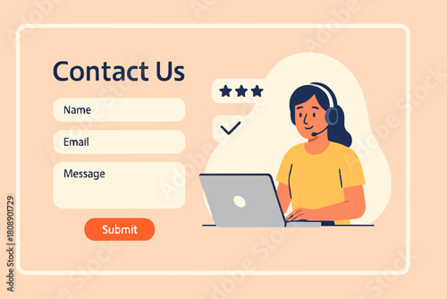 Contact Us Form Template for Web and Landing Page. Female Customer Service Agent with Headsets Talking with Client. Online Customer Support and Helpdesk Concept. Flat Cartoon Vector Illustration.