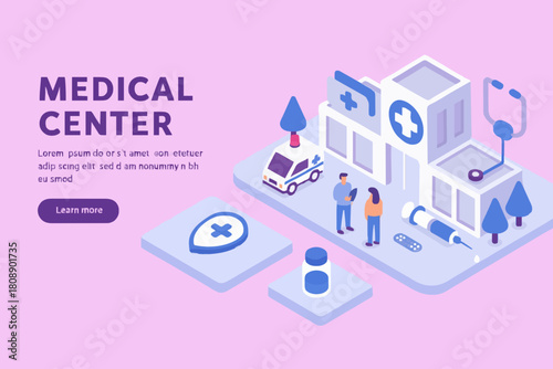 Medical Staff Standing near Hospital Building and Ambulance Car. Syringe, Stethoscope, Medicament Bottles around. Doctor and Nurse Talking. Medical Clinic Concept. Flat Isometric Vector Illustration.