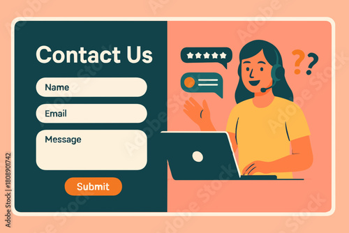 Contact Us Form Template for Web and Landing Page. Female Customer Service Agent with Headsets Talking with Client. Online Customer Support and Helpdesk Concept. Flat Cartoon Vector Illustration.