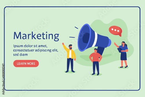 People use Big Loudspeaker to Communicate with Audience. PR Agency Team work on Social Media Promotion. Public Relation, Digital Marketing and Media Concept. Flat Isometric Vector Illustration.