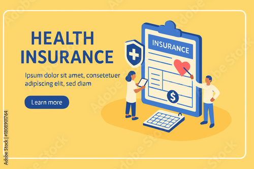 Doctors Characters stand near Health Insurance Contract. Staff in Hospital Office filling Medical Document Form. Health care Concept. Flat Isometric Vector Illustration.