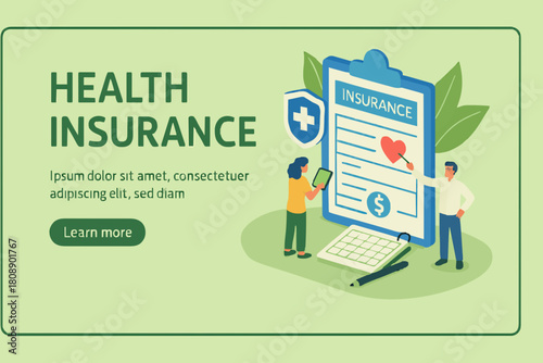 Doctors Characters stand near Health Insurance Contract. Staff in Hospital Office filling Medical Document Form. Health care Concept. Flat Isometric Vector Illustration.
