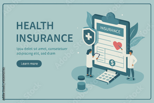 Doctors Characters stand near Health Insurance Contract. Staff in Hospital Office filling Medical Document Form. Health care Concept. Flat Isometric Vector Illustration.