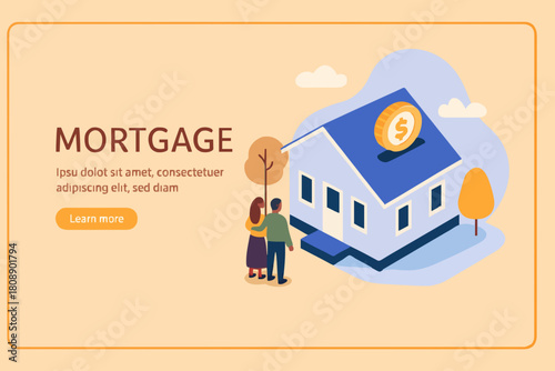 Family Buying Home with Mortgage and Paying Credit to Bank. People Invest Money in Real Estate Property. House Loan, Rent and Mortgage Concept. Flat Isometric Vector Illustration.