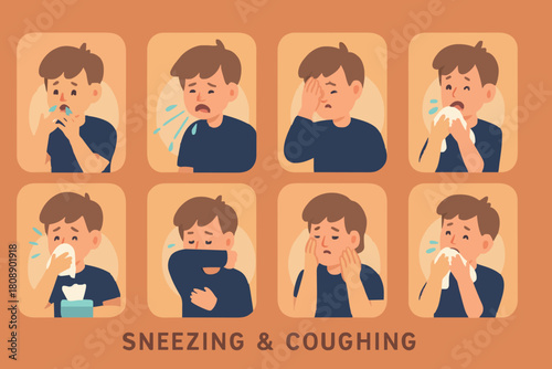 Kid Character Sneezing and Coughing Right and Wrong. Medical Recommendation How to Sneeze Properly. Prevention against Virus and Infection. Hygiene Concept. Flat Cartoon Vector Illustration.