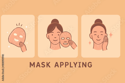 Beauty Girl Take Care of her Face and Use Facial Sheet Mask. Adorable Woman Making Skincare Procedures. Skin Care Routine, Hygiene and Moisturizing Concept. Flat Cartoon Illustration and Icons set.