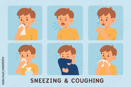 Kid Character Sneezing and Coughing Right and Wrong. Medical Recommendation How to Sneeze Properly. Prevention against Virus and Infection. Hygiene Concept. Flat Cartoon Vector Illustration.