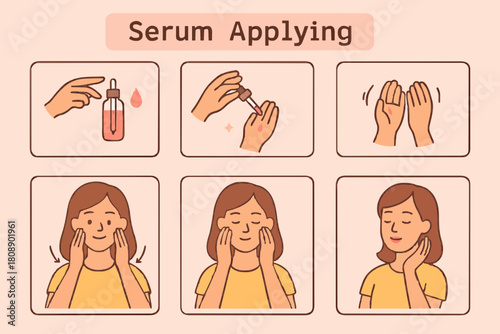 Beauty Girl Take Care of her Face and Applying Cosmetic Serum Oil. Woman Making Facial Massage by Lines. Skin Care Routine, Hygiene and Moisturizing Concept. Flat Vector Illustration and Icons set.