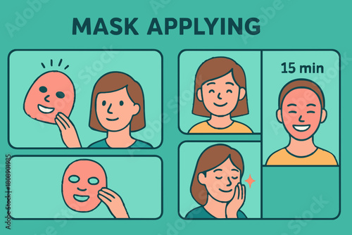 Beauty Girl Take Care of her Face and Use Facial Sheet Mask. Adorable Woman Making Skincare Procedures. Skin Care Routine, Hygiene and Moisturizing Concept. Flat Cartoon Illustration and Icons set.