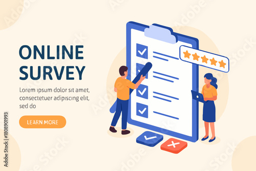 People Characters Filling Test in Customer Survey Form. Woman and Man putting Check Mark on Checklist. Customer Experiences and Satisfaction Concept. Flat Isometric Vector Illustration.

