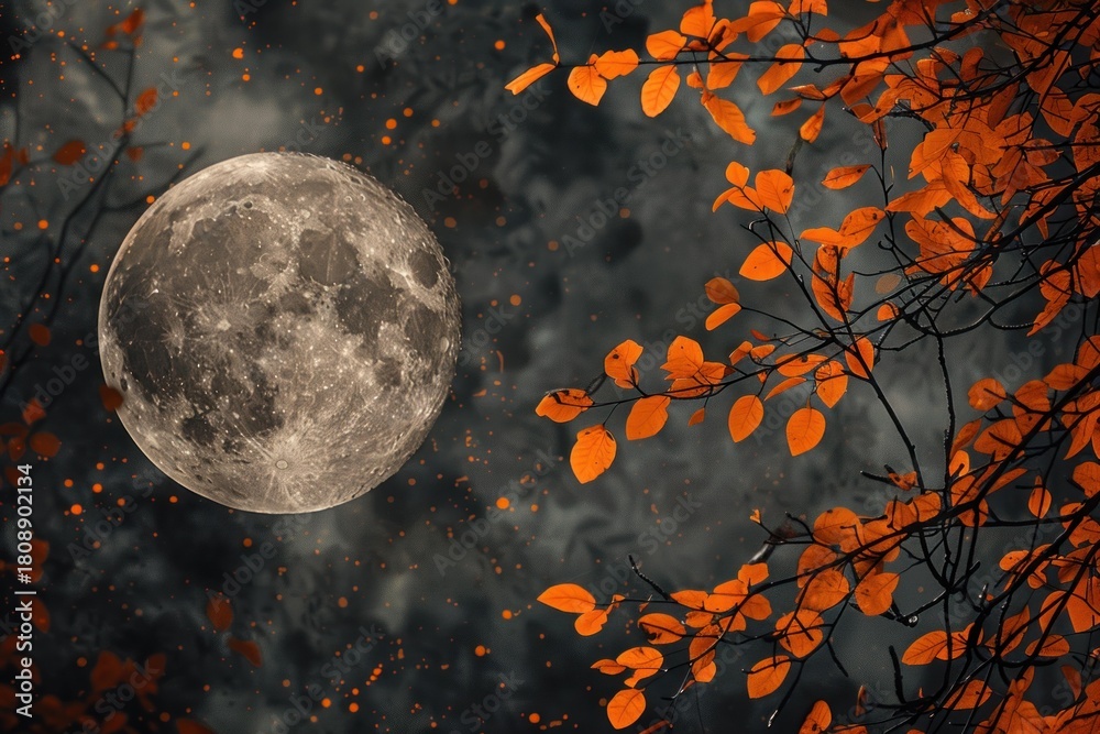 Fototapeta premium Full moon shining through orange autumn leaves on a dark cloudy night, creating a magical and mysterious atmosphere