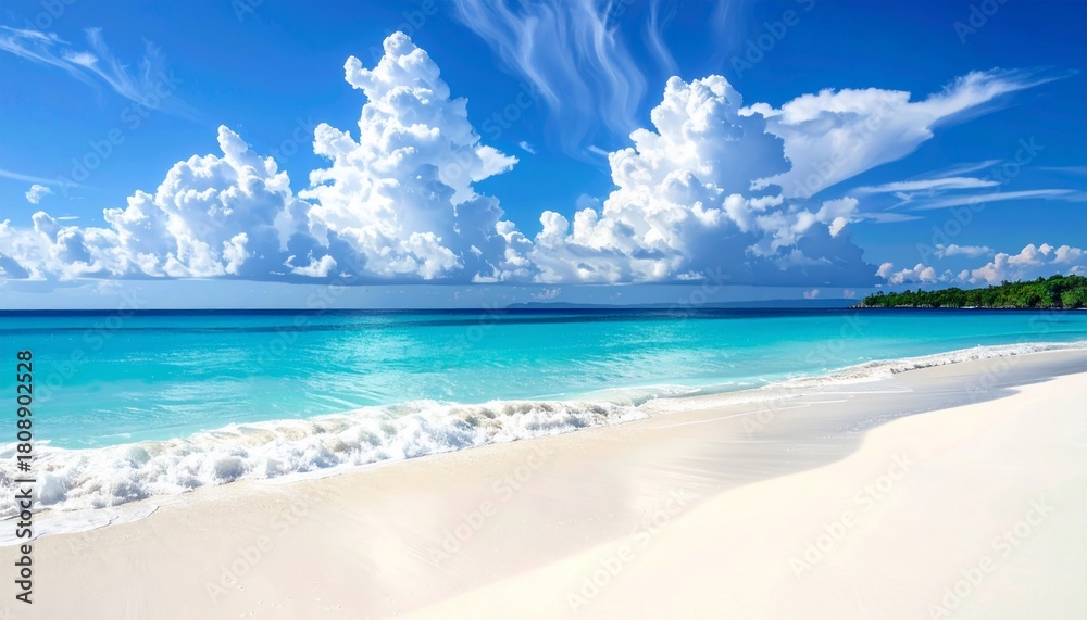 Fototapeta premium Stunning tropical beach landscape with pristine sand, turquoise water, and fluffy clouds