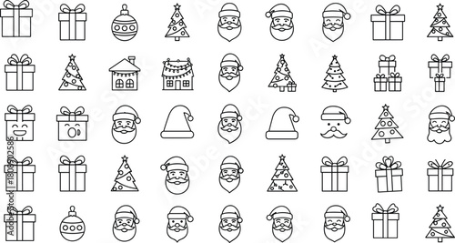 “Large collection of hand drawn Christmas icons including Santa faces, gift boxes, ornaments, and decorated trees for festive holiday graphic design projects”