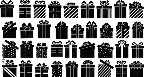 “Large collection of black silhouette gift box icons featuring various ribbon styles, patterns, and shapes perfect for holiday packaging, festive decoration, and graphic design”