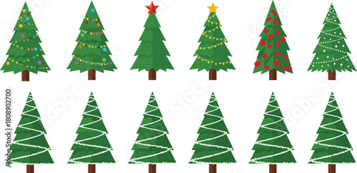 “Collection of colorful decorated Christmas tree illustrations featuring festive ornaments, lights, and holiday designs perfect for seasonal graphics, winter celebrations, and creative projects”
