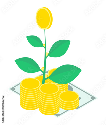 Isometric money tree sprout grows from a pile of gold coins. Isolated cartoon vector on white background top view