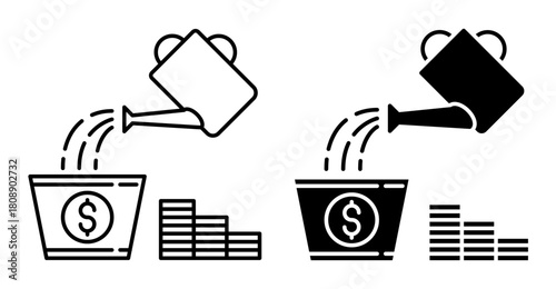 Linear icon. Garden watering can waters a flower pot with a money tree. Simple vector isolated on white background