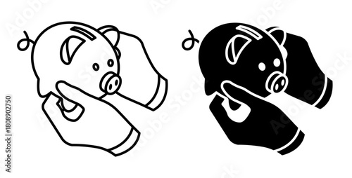 Linear isometric icon. Hands of a thrifty person carefully hold a piggy bank with money savings. Simple vector isolated on white background