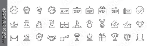 Royal, VIP, luxury, and award line icon set – editable outline symbols of crown, diamond, trophy, medal, gift, handshake and certificate