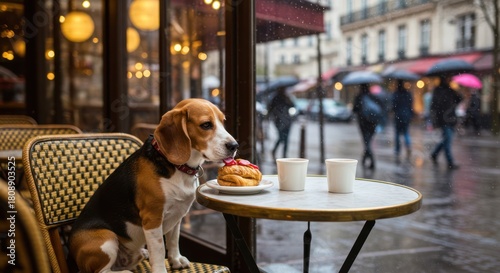 Fototapeta Naklejka Na Ścianę i Meble -  Adorable Beagle Dog Sitting at a Parisian Cafe on a Rainy Day.