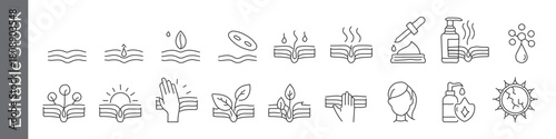 Dermatology, Skincare and Haircare line icon set – editable outline symbols of cream, serum, dropper, sun leaf, and healthy skin