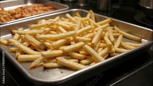 Crispy french fry golden potato baked snack fast food salty treat metal tray, kitchen counter comfort food with savory flavor, crunchy pile of golden potato sticks baked, appetizing salty snack food