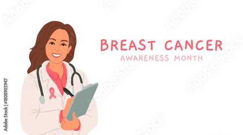 Breast cancer awareness month illustration with doctor, pink ribbon, mammogram scan and woman doing self examination, medical support and health prevention campaign in flat cartoon vector style