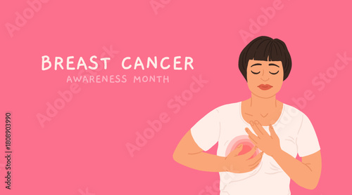 Breast cancer self examination awareness illustration with woman checking her breast, health education visual for prevention, early detection campaign, medical screening and womens healthcare support