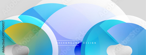 Abstract blue design features overlapping shapes, gradients, smooth curves. Modern aesthetic, clean lines, subtle shadows present.
