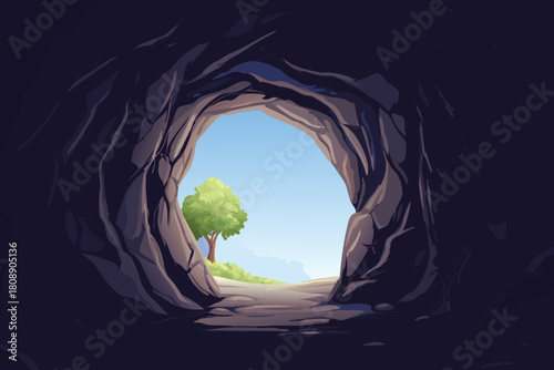 Dark cave opening leads to a bright peaceful landscape beyond