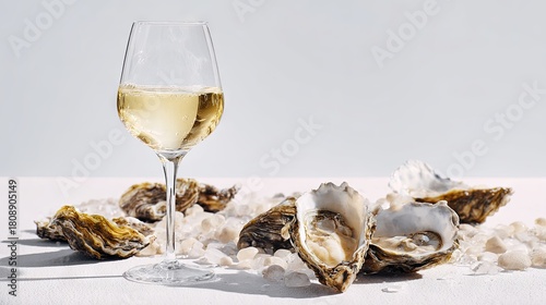A glass of white wine served with oysters