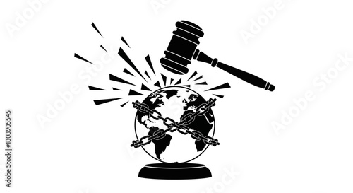 A symbolic illustration depicting a gavel smashing a chained globe, representing global justice.