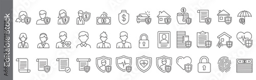 Life insurance and protection service Line Icons Set – editable outline symbols of shield, heart, life, health, car, home, financial security