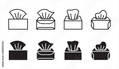 Tissue Box Icon Set Featuring Outline and Solid Silhouettes for Hygiene and Cleaning