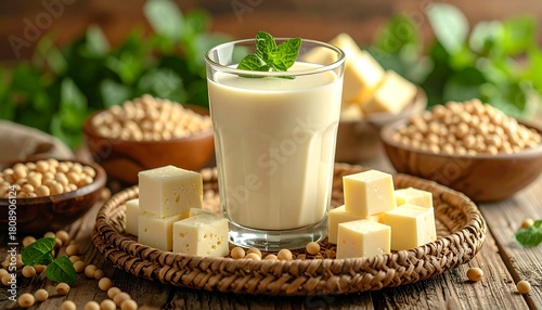 Glass of soy milk, accompanied by soy beans and tofu cubes, presented on a rustic, wooden surface