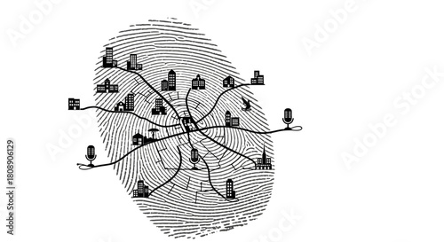 An artistic representation of a city layout, resembling a fingerprint with roads and buildings.