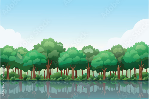 Lush green trees reflected in calm water under a bright sky