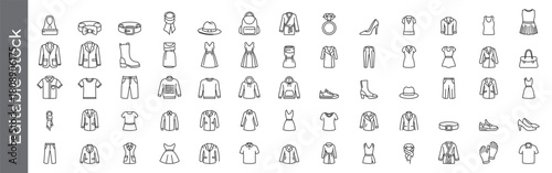 Fashion, clothing and accessories line icon set – editable outline symbols of clothes, apparel, accessories, footwear, dress, jacket, shoes, hat, bag, belt and jewelry