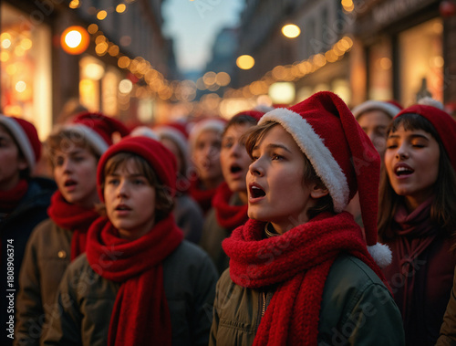 Grupo de niños cantando villancicos en la calle durante la temporada navideña