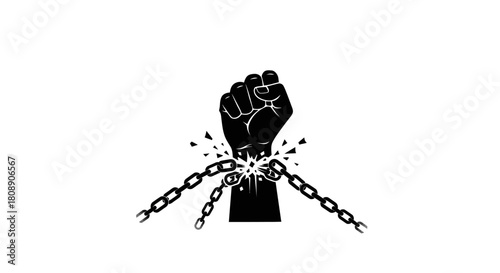 A powerful black silhouette of a clenched fist breaking a metal chain, symbolizing freedom, liberation, and resistance against oppression.