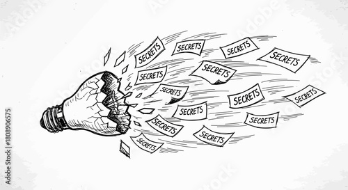 A broken lightbulb releasing sheets of paper labeled with the word "secrets", symbolizing the revelation of hidden information.