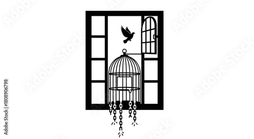 Silhouette of a bird escaping its open cage and flying towards freedom through a window.