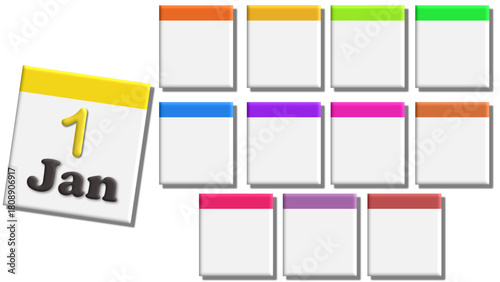 Set of blank calendar pages with colorful tops and a date of January 1st, symbolizing planning and organization