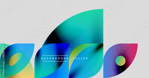 Abstract shapes overlap, creating vibrant color gradients. Modern design elements suggest fluidity, motion, dynamic composition. Background is light gray.