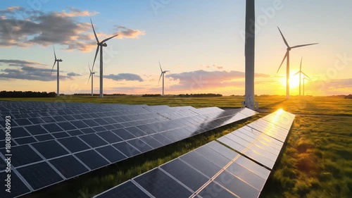Renewable energy landscape with solar panels and wind turbines at sunset  