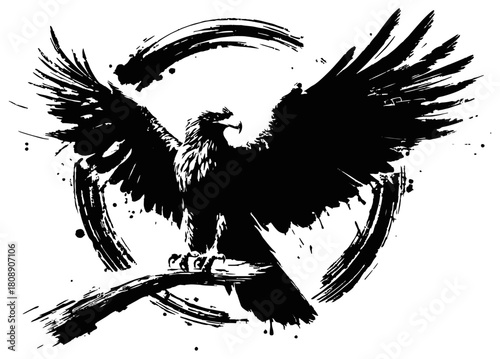  A bold black eagle spreads its wings within an expressive ink circle, blending art with wildlife. This dramatic silhouette conveys power, freedom, and resilience for diverse stock uses
