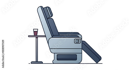 Comfortable reclining airplane seat with a drink on a small side table